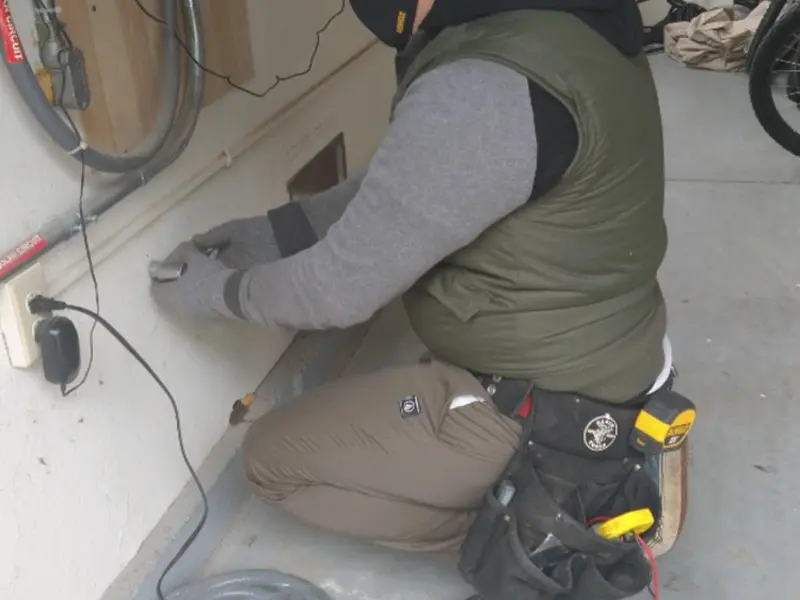 Electrician performing outlet wiring in a Elizabethton garage